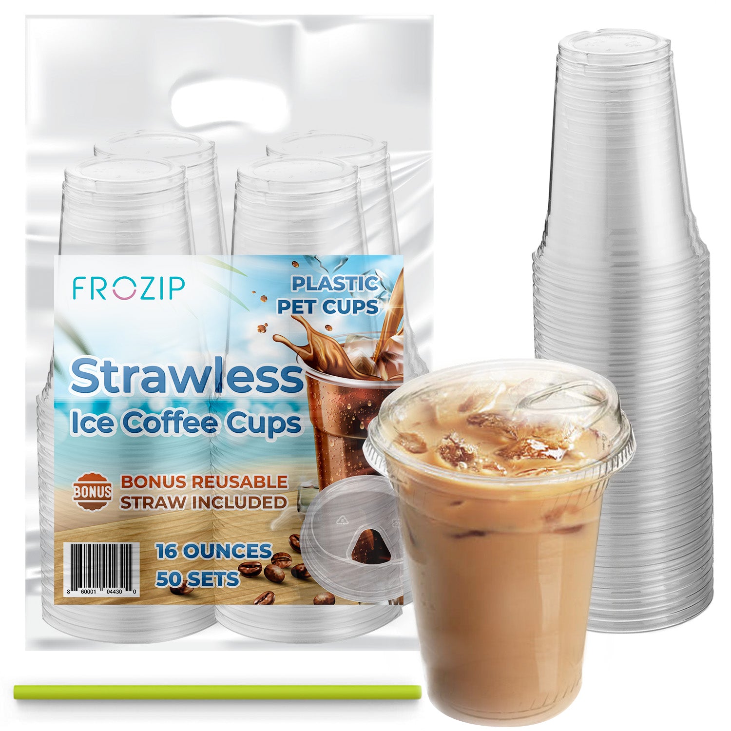 FROZIP 50 Pack 16oz Plastic Coffee Cups with Sip Lids - Strawless Clear Plastic  Cups with Lid