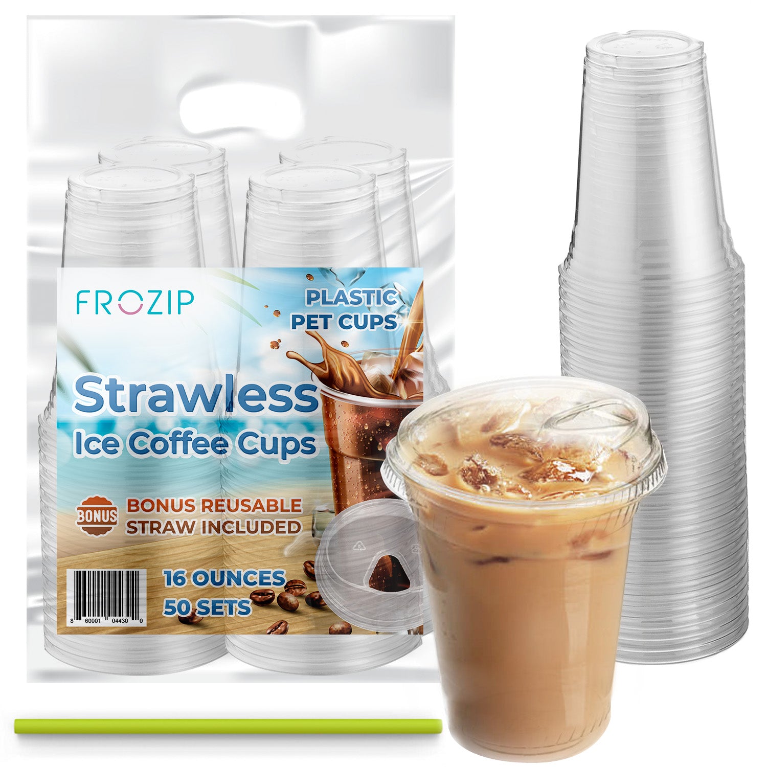 [50 Sets]  16 oz. Disposable Coffee Cups with Strawless Sip-Lids | PET Crystal Clear Plastic Cups with Lids | Reusable Silicone Straw Included